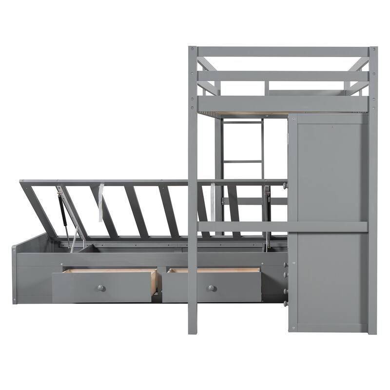 Twin Bunk Bed w/ Drawers, Wardrobe, Storage Shelves and Hydraulic Bed