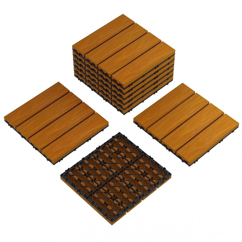 9-Pack All-Weather Plastic Wood-Grain 12"X12" Composite Interlock Deck Tiles Flooring - Brown