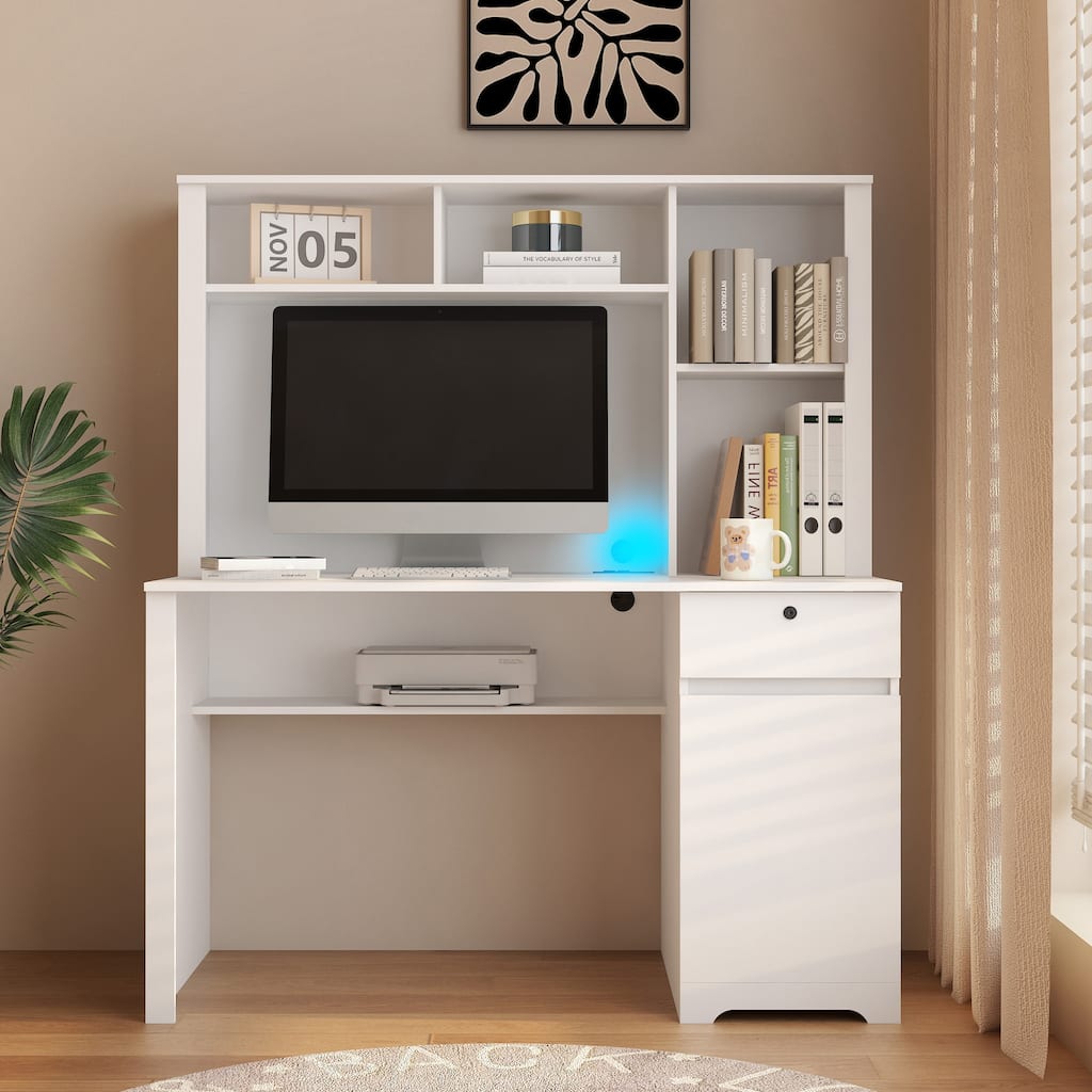 Roomfitters Computer Desk with Hutch & Bookshelf, Home Office Workstation, Space Saving Writing Table, Storage Shelves, White