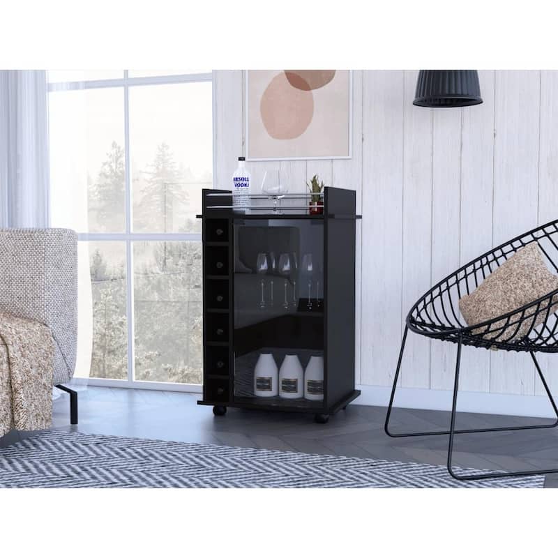 Carbon Espresso Bar Cart with Glass Door, Metal Rail, Two Shelves & Locking Casters