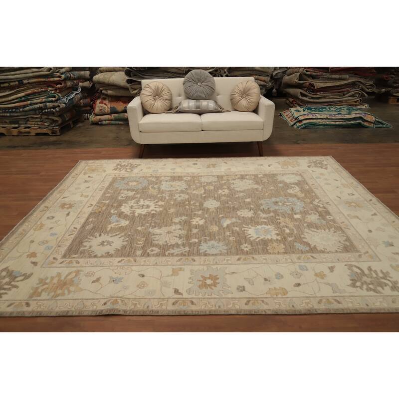 Hand Knotted Oriental 100% Wool Carpet Transitional All-Over Brown Oushak Area Rug - 9' 7'' X 8' 1''
