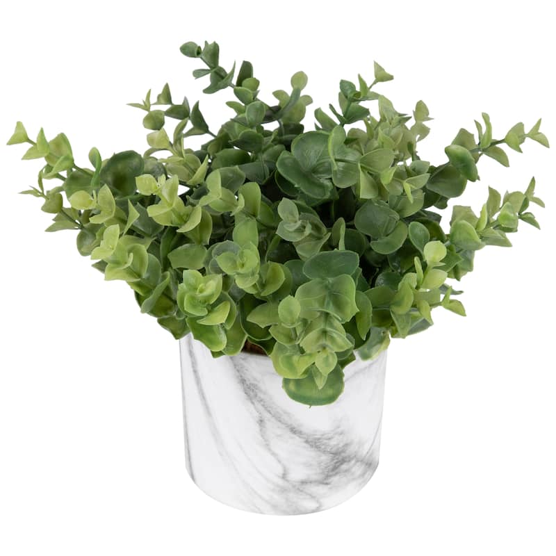 9" Green Artificial Eucalyptus in a Marble Style White Pot