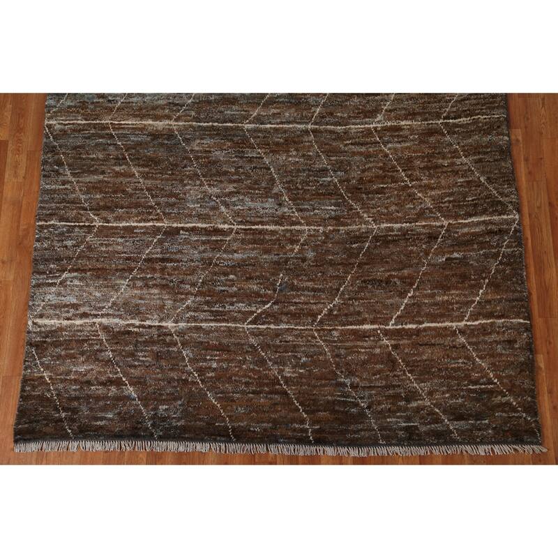 Hand Knotted Oriental 100% Wool Carpet Tribal Tribal Brown Moroccan Area Rug - 9' 7'' X 6' 7''