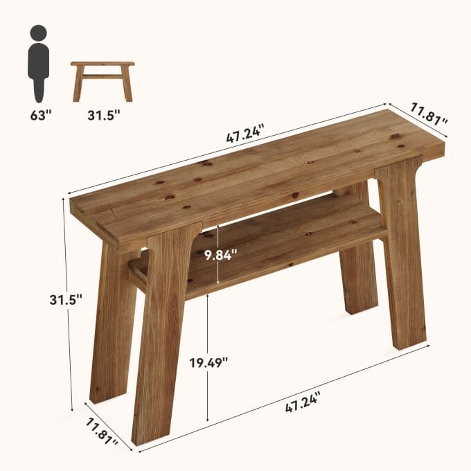 47'' Rustic Solid Wood Console Table, Small Entryway Table with Shelf