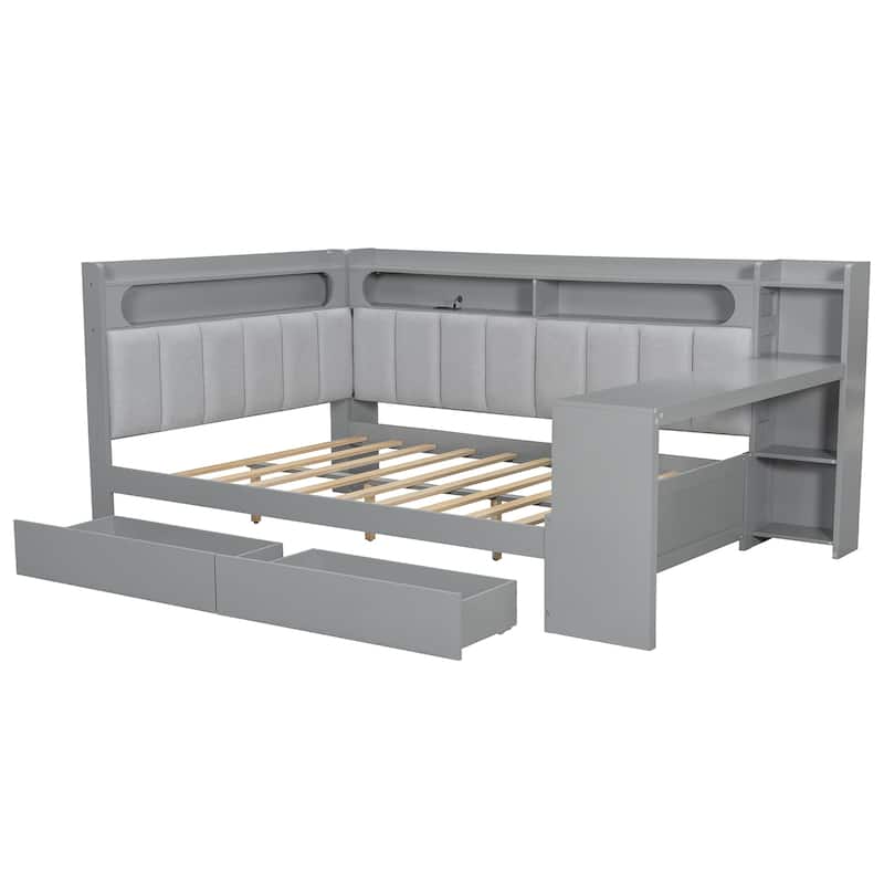 Full Daybed with Storage Shelves Built-in Charging Station LED Light, L-shape Upholstered Sofa Bed with 2 Drawers, Cabinet, Desk