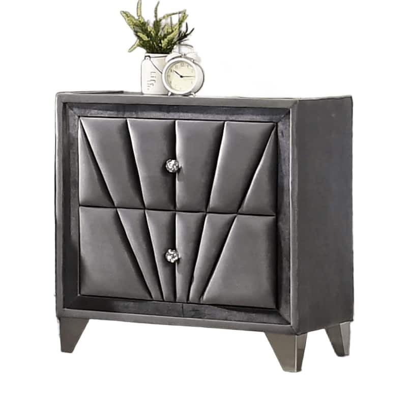 Fabric Upholstered Nightstand with Chrome Legs, Decorative Table with Glass Top, Sofa Side Table with 2 Drawers