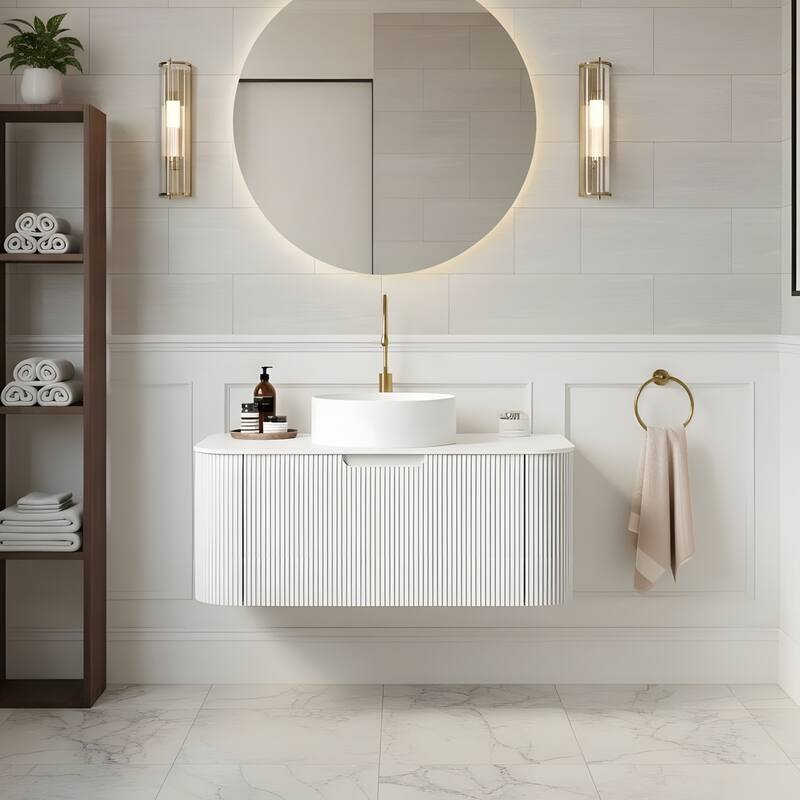 Wall Mounted Bathroom with White Round Ceramic Basin and Drawer