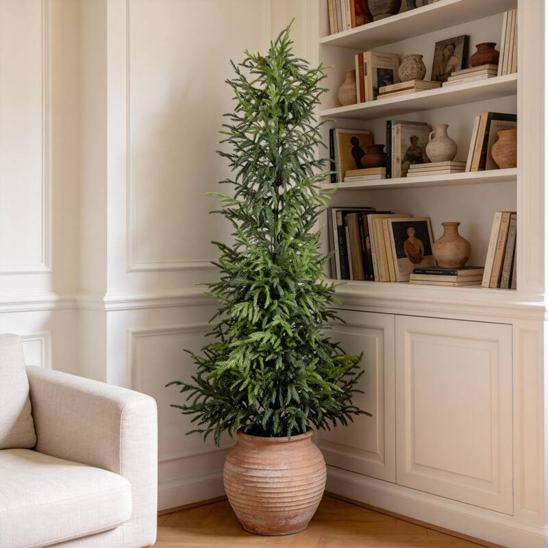 5" Artificial Real Touch Pine Tree with Black Plastic Pot, 1pc/set - Green Leaves