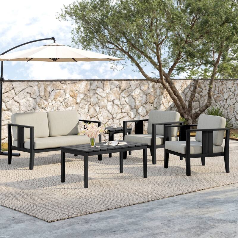 5-Piece Teak Wood Outdoor Conversation Set - Black frame - Light Camel/Black