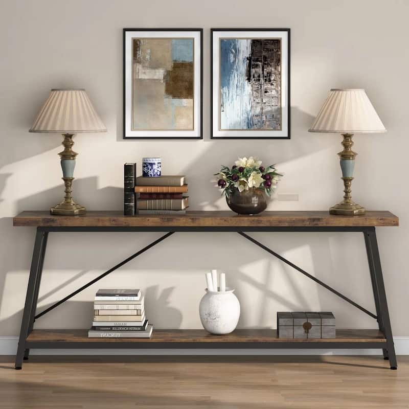 Heavy Duty 70-inch Industrial Brown Wood Top Sofa Table with White Metal Frame
