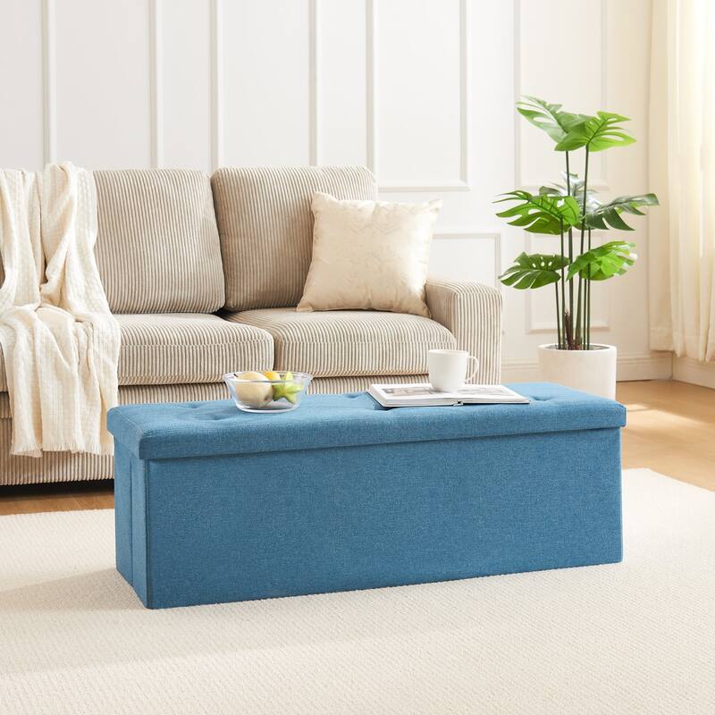 Javlergo 15" Foldable Storage Ottoman, Tufted Linen Foot Rest Stool/Seat Toy Chest