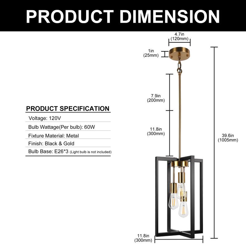 Industrial Farmhouse Pendant Lights, Rectangle 3-Light Modern Black and Golden Chandelier - Black and Gold - 13.78