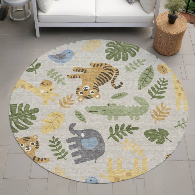 Machine Washable Indoor/ Outdoor Whimsy Safari Animals Chantille Rug - Beige - 8' x 8'