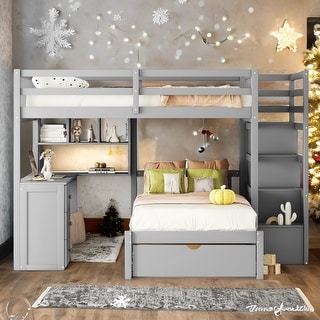 Full over Twin Bunk Bed with Desk, Drawers and Shelves,Multifunctional Loft Bed with Storage