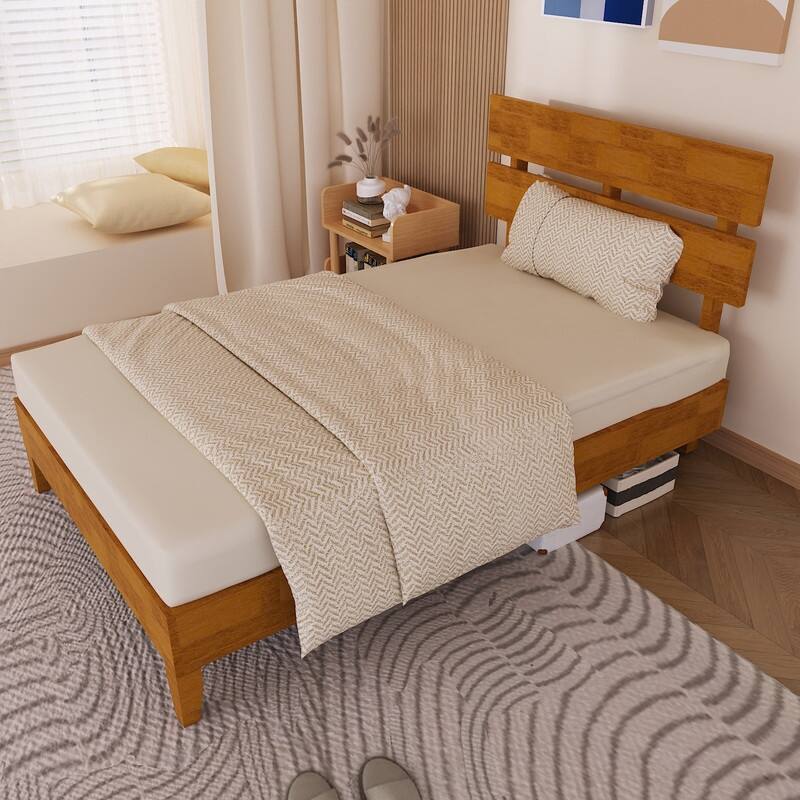 Modern Brown Solid Wood Platform Bed Frame with Headboard