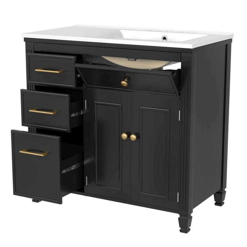 36" Bathroom Vanity with Sink, Ceramic Sink, One Tip-out Drawer, 3 Side Drawers