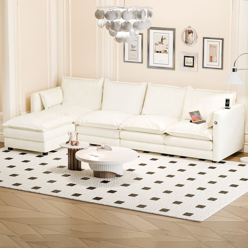 Modular Sectional Sofa L Shaped Couch, 3/4 Seat Sofa Set with Ottoman, Chenille Fabric - Beige-5 Seat