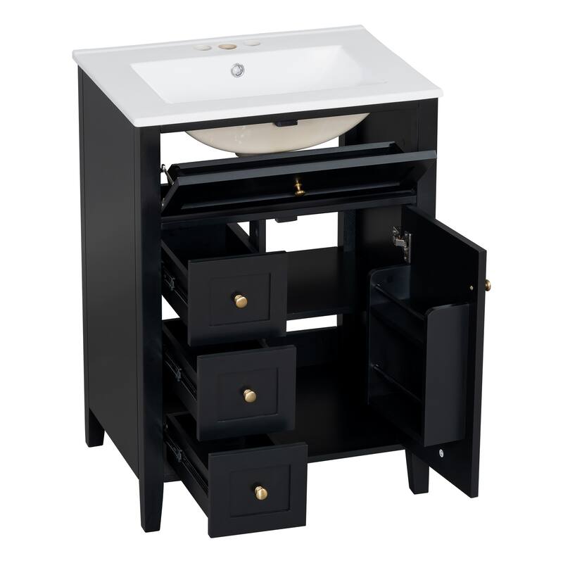 Roomfitters 24" Bathroom Vanity with Sink, Solid Wood Legs, 4 Drawers & Cabinet with Adjustable Shelf