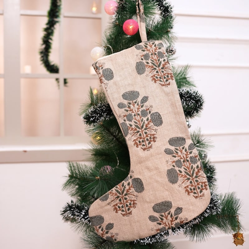Fabdivine Handmade Christmas Stocking Floral Block Print 10X4.5 Inch Tassel Loop for Home Décor - 10"X4.5"
