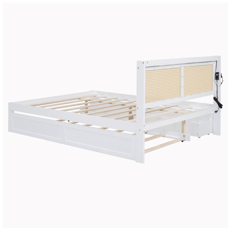 Elegant Bed Frame with Rattan Headboard and Sockets