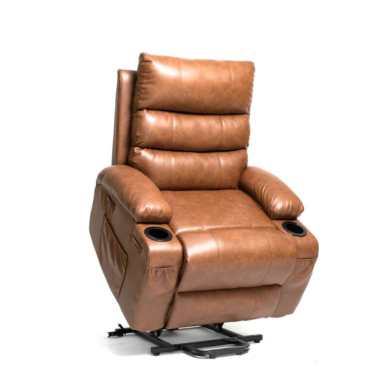 PU Leather Power Lift Recliner, Electric Recliner with Heating & Massage, Massage Chair with Side Pockets & Cup Holders