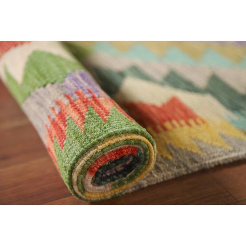 Hand Woven Oriental 100% Wool Carpet Southwestern Geometric Multi-Colored Kilim Runner Rug - 8' 2'' X 2' 8''