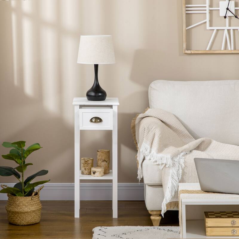 2-Tier Side Table with Drawer, Narrow End Table with Bottom Shelf, for Living Room or Bedroom, White
