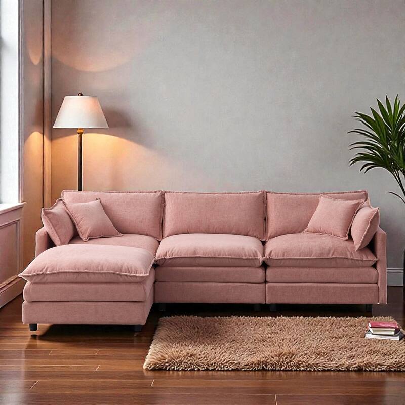 105" L-Shaped Modular Sectional Sofa with Ottoman, Soft Chenille Upholstery, 3-Seater Couch - Pink