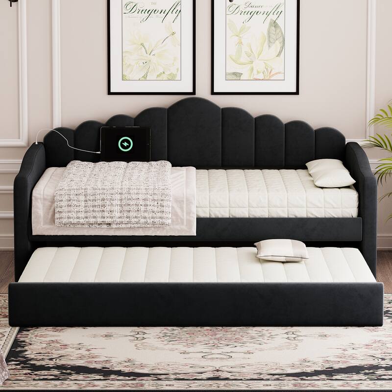Twin Size Velvet Upholstered Daybed Vertical Stripes Backrest Sofa Bed with Trundle Bed, 2 USB Charging Ports, 2 Large Pockets