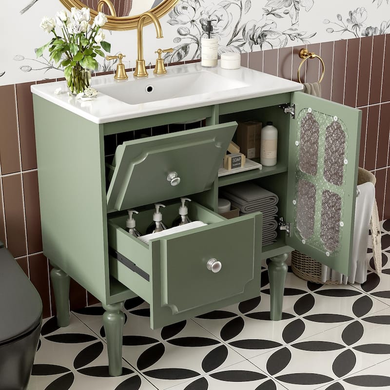 Bathroom Vanity with Ceramic Sink, Single Vanity with Tip-Out Drawer, Storage Cabinet with Glass Doors and Drawers