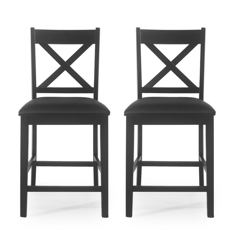 Roomfitters Upholstered Wood Counter Stools with X-Back Design, Comfortable Bar-Height Kitchen Chairs (Set of 2)