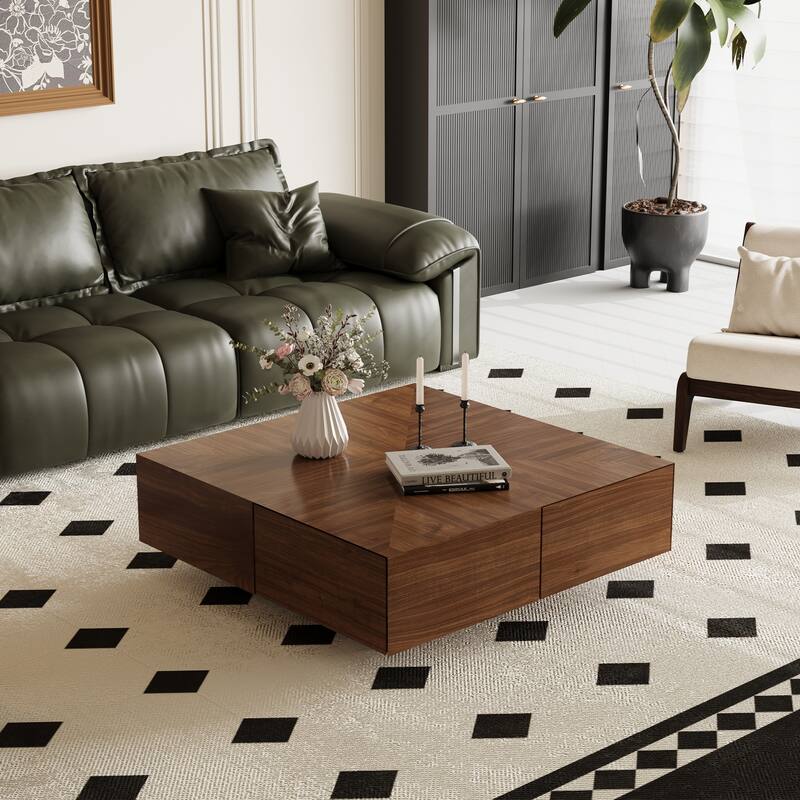 35.43" Fully Assembled Square Coffee Table, Brown Walnut Wood Texture, 4 Drawers