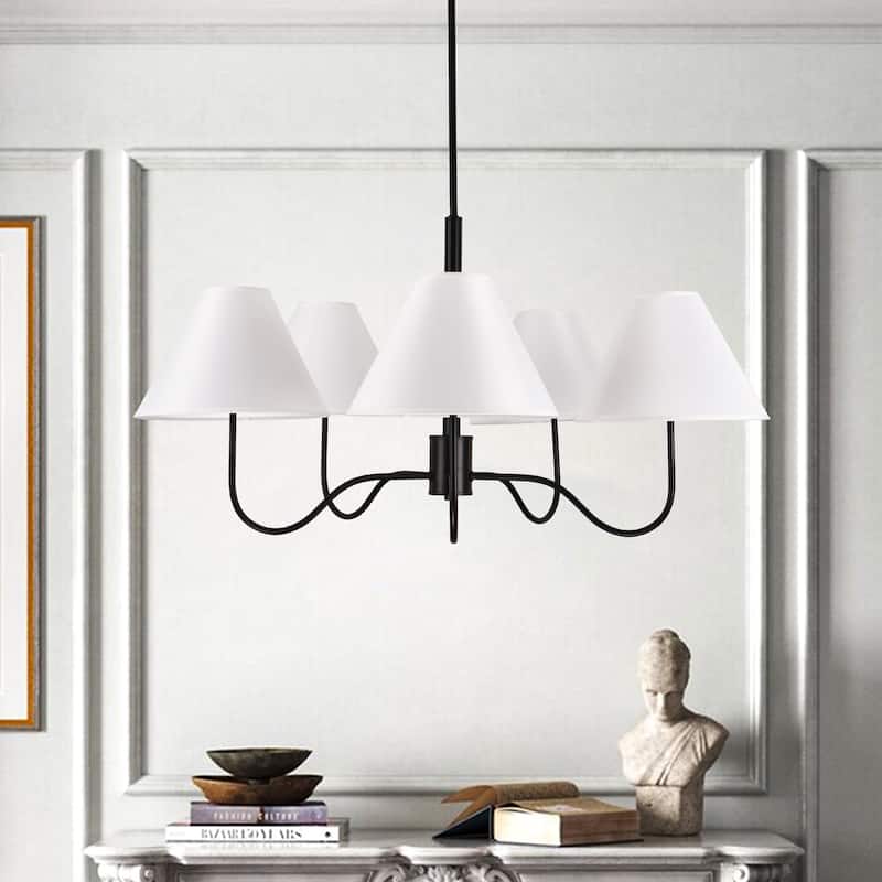 Contemporary 5 - Light Chandelier, Black Metal Frame with White Fabric Shades - Matte Black