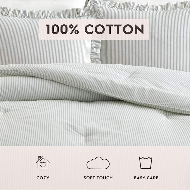 Laura Ashley Oxford Stripe Cotton All Season Comforter Set Soft Breathable (Green)