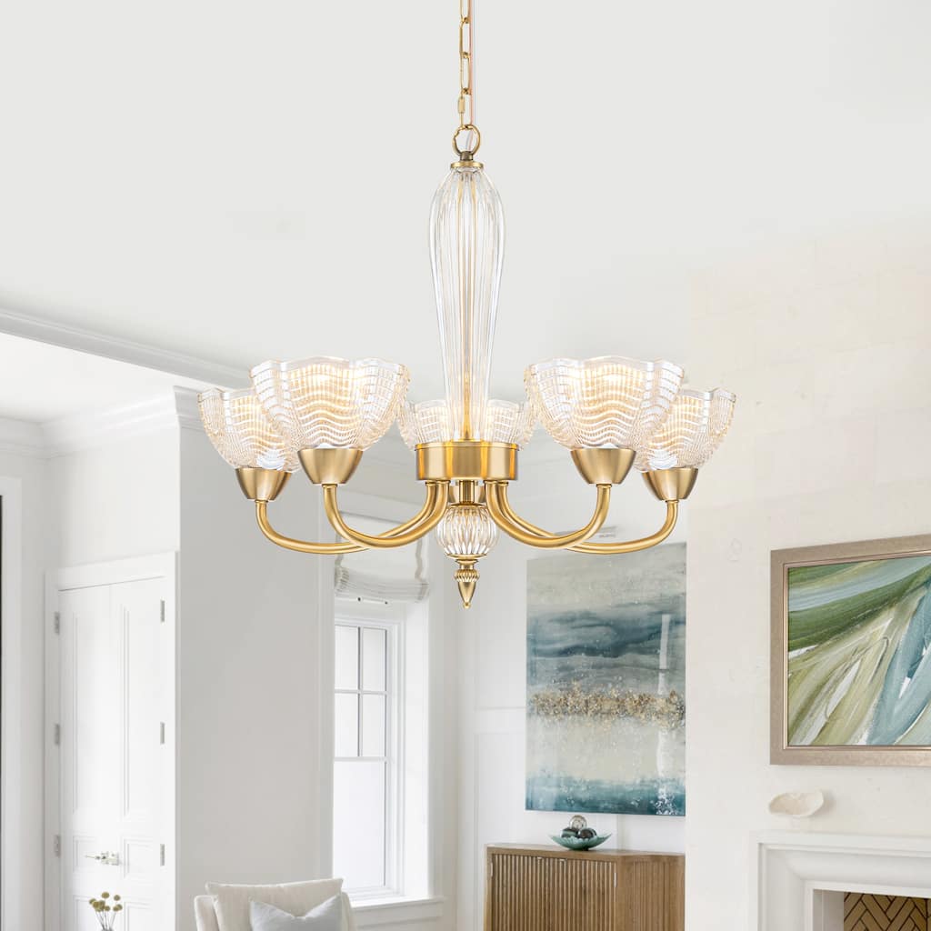 5-Light Gold Chandelier Cognac Wave-Glass Shades Dining Room Bedroom - Dia.23.62 inch