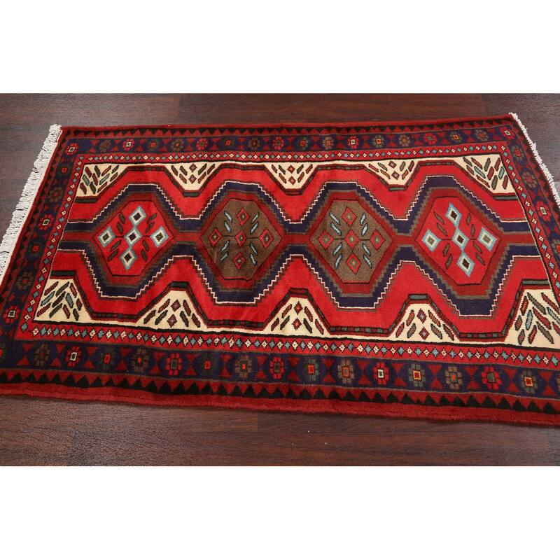 Geometric Hamedan Persian Wool Area Rug Handmade Bedroom Carpet - 3'2" x 4'11"