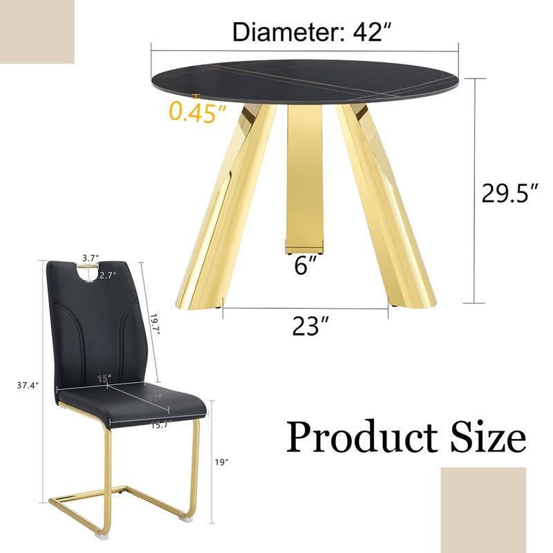 5-Piece Round Dining Table Set with Stain-Resistant Surface, PU Leather Chairs with C-shaped Bases, Scratch-resistant