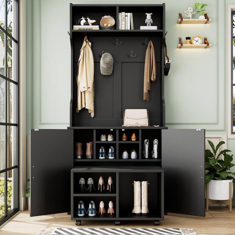 Farmhouse 4-in-1 Hall Tree with Barn Doors, Movable Bench with 7 Hanging Hooks and Shoe Storage Cabinet