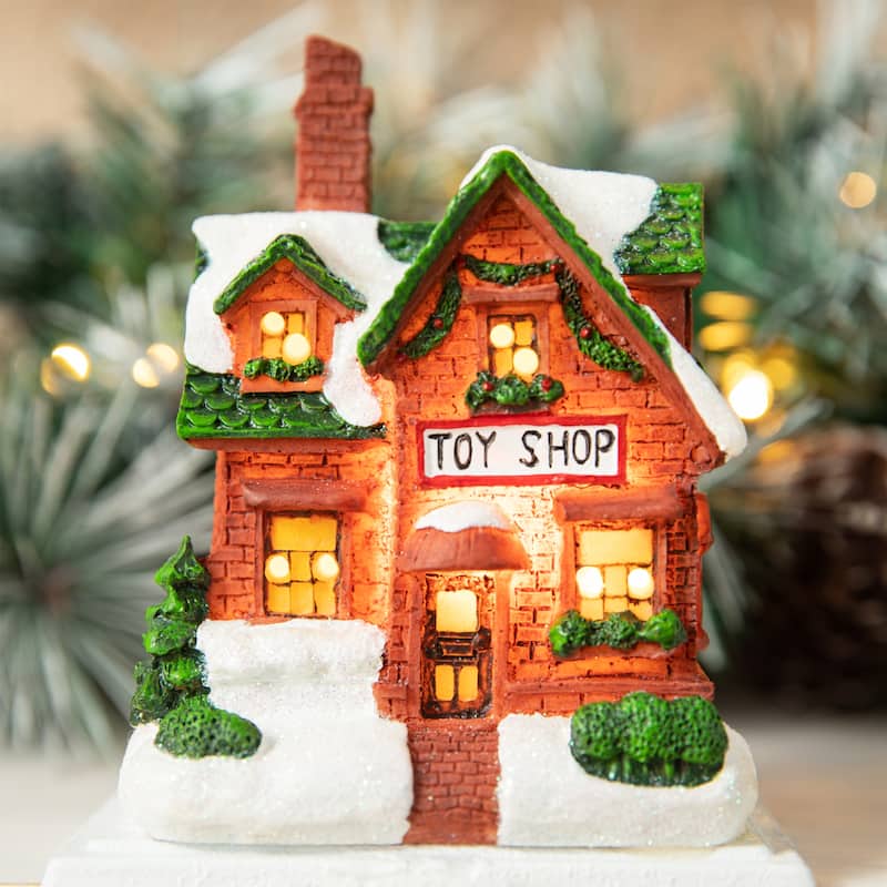 Glitzhome 6"H Christmas Lighted Resin House Stocking Holders Mantel Ornament (Set of 3)