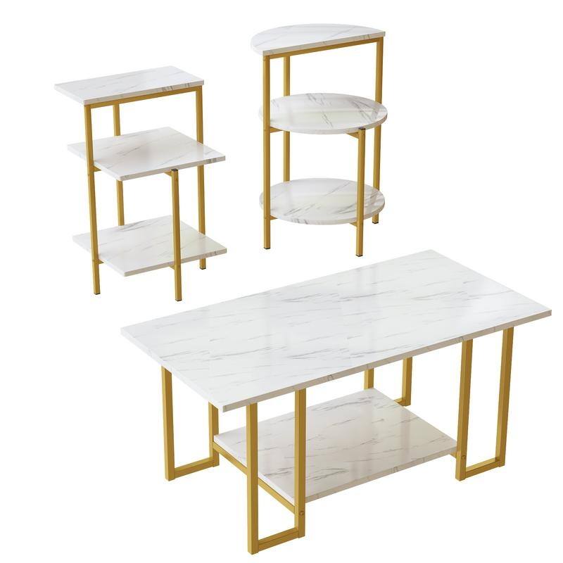 3 Pieces Faux Marble Coffee Table Set with 1 Coffee Table and 2 End Tables, Modern Sofa Side Table with Shelf, Cocktail Table