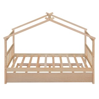 Twin Size Wooden House Bed with Twin Trundle with Roof for Kids
