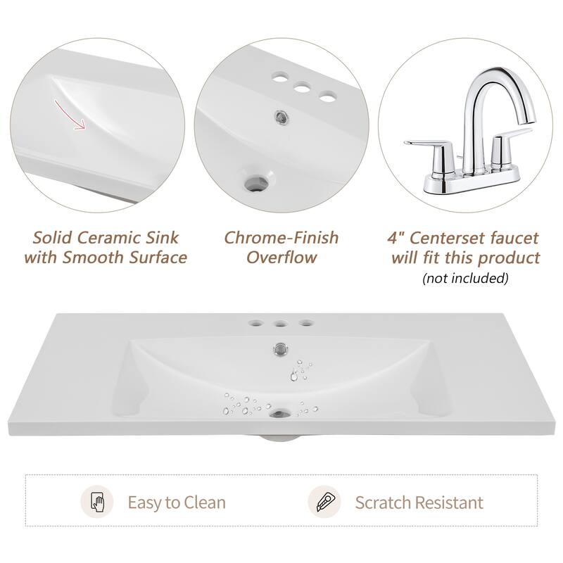 36" Bathroom Vanity with Ceramic Sink, 1 Cabinet, 3 Drawers, Solid Wood & MDF Construction