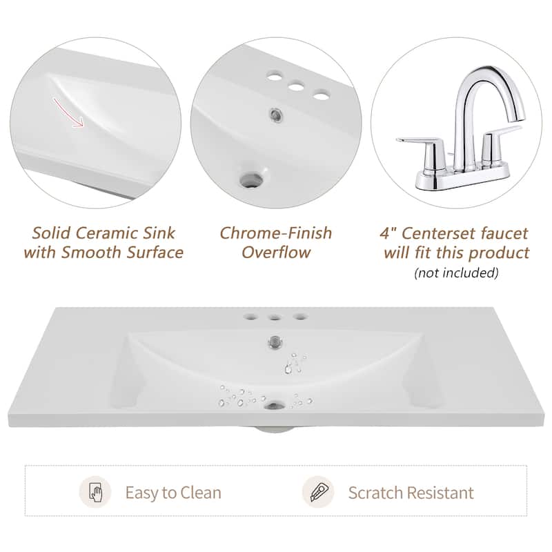 36" Bathroom Vanity with Sink Combo, One Cabinet and Three Drawers, Solid Wood and MDF Board