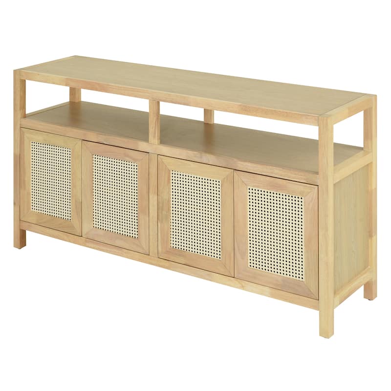 Bohemian Style Rattan Buffet Storage Cabinet with 3-Position Adjustable Shelves and Solid Wood Frame, for Dining Room
