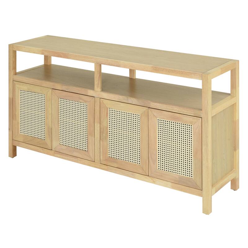 Rattan 4 Door Sideboard Cabinet, Large Wood Storage Cabinet, Console Table with Adjustable Shelves for Living & Dining Rooms