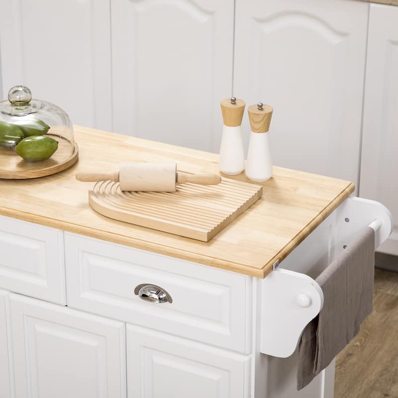 Kitchen Island with Storage, Rolling Kitchen Serving Cart with Rubber Wood Top, Storage Drawer and Cabinet