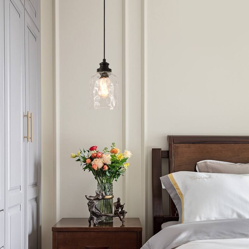 KAWOTI 83" Adjustable Pendant Light with Hammered Glass Shade - Painted Black
