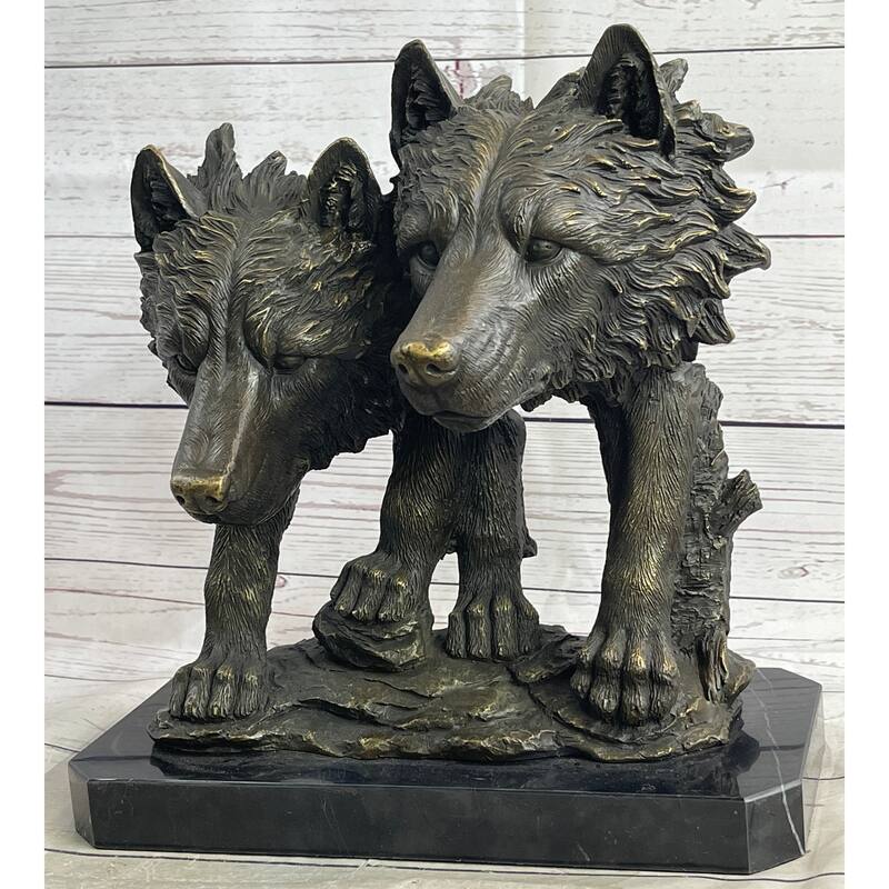 Dual Imitative Wolf Bust Sculpture Statue Two Wolves Bronze Metal Decor Signed Original