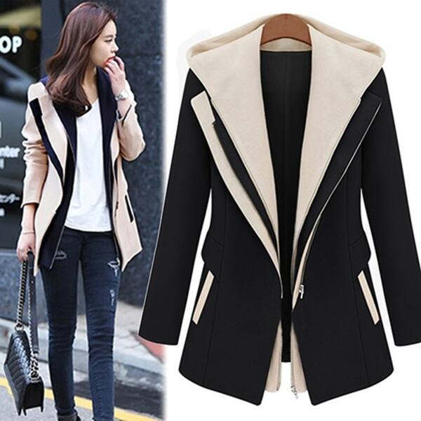 Shop Women Notched Lapel Color Block Slim Fit Hooded Winter Coat