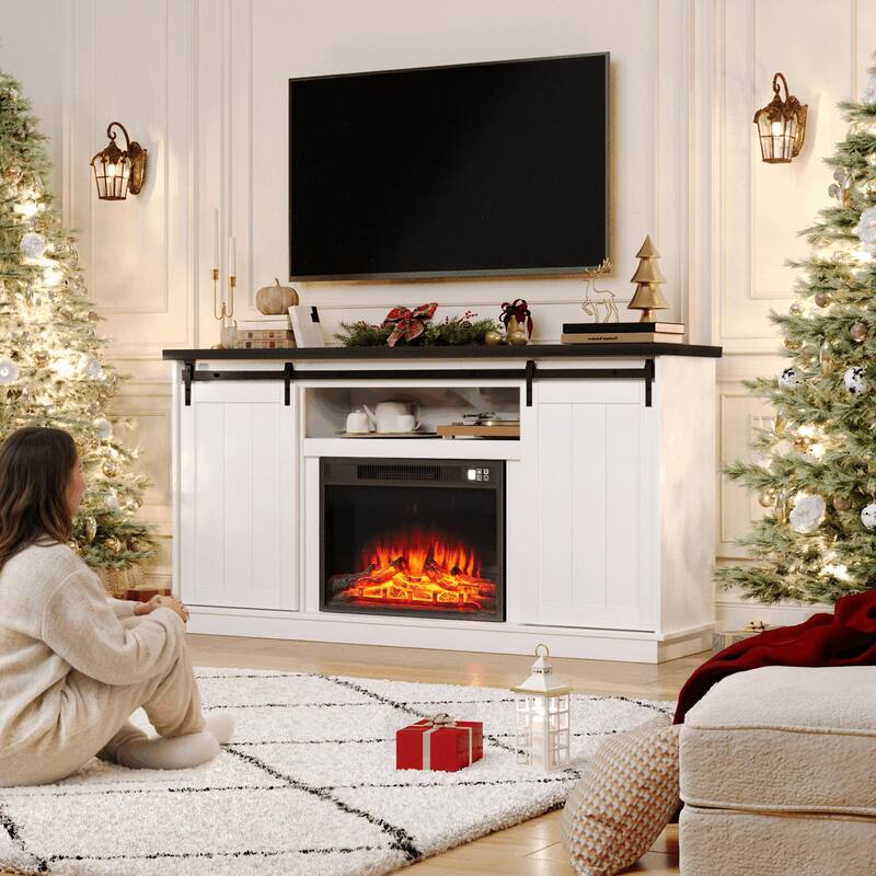 63" Farmhouse Fireplace TV Stand with Sliding Barn Door, Accommodates TVs Up to 65", Featuring Storage and Adjustable Shelves